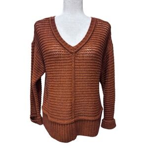 Eileen Fisher Rust Yak Wool Open Knit‎ Long Sleeve V-neck Pullover Sweater XS